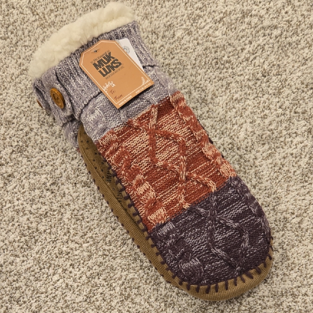 NWT Muk Luks Purple and Burgundy Knit Slippers
